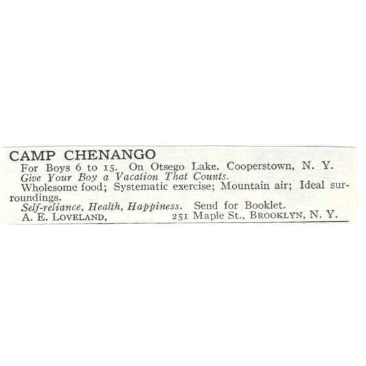 Camp Chenango Otsego Lake Cooperstown A.E. Loveland c1918 Advertisement AE5-SV2