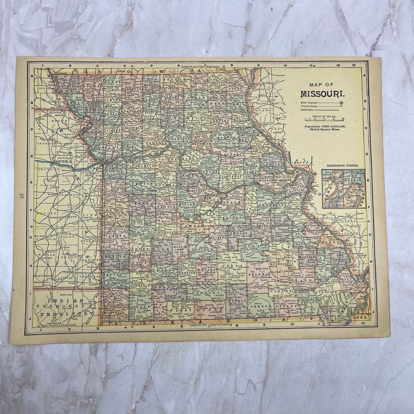 1899 Map of Missouri 10x13 Original Tinted Map Engraving FL6-8