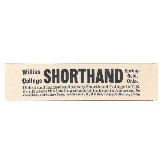 Williss College Shorthand Springfield Ohio 1892 Magazine Ad AK6-S3