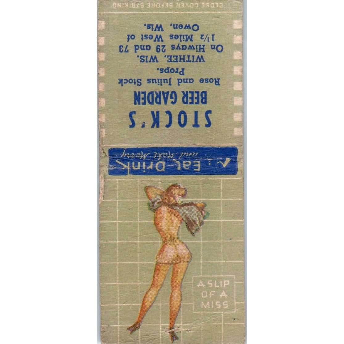 Stock's Beer Garden Rose & Julius Stock Withee WI Pinup Vintage Matchbook SD4-Y5