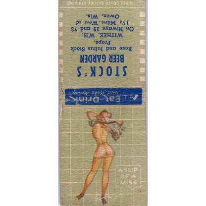 Stock's Beer Garden Rose & Julius Stock Withee WI Pinup Vintage Matchbook SD4-Y5