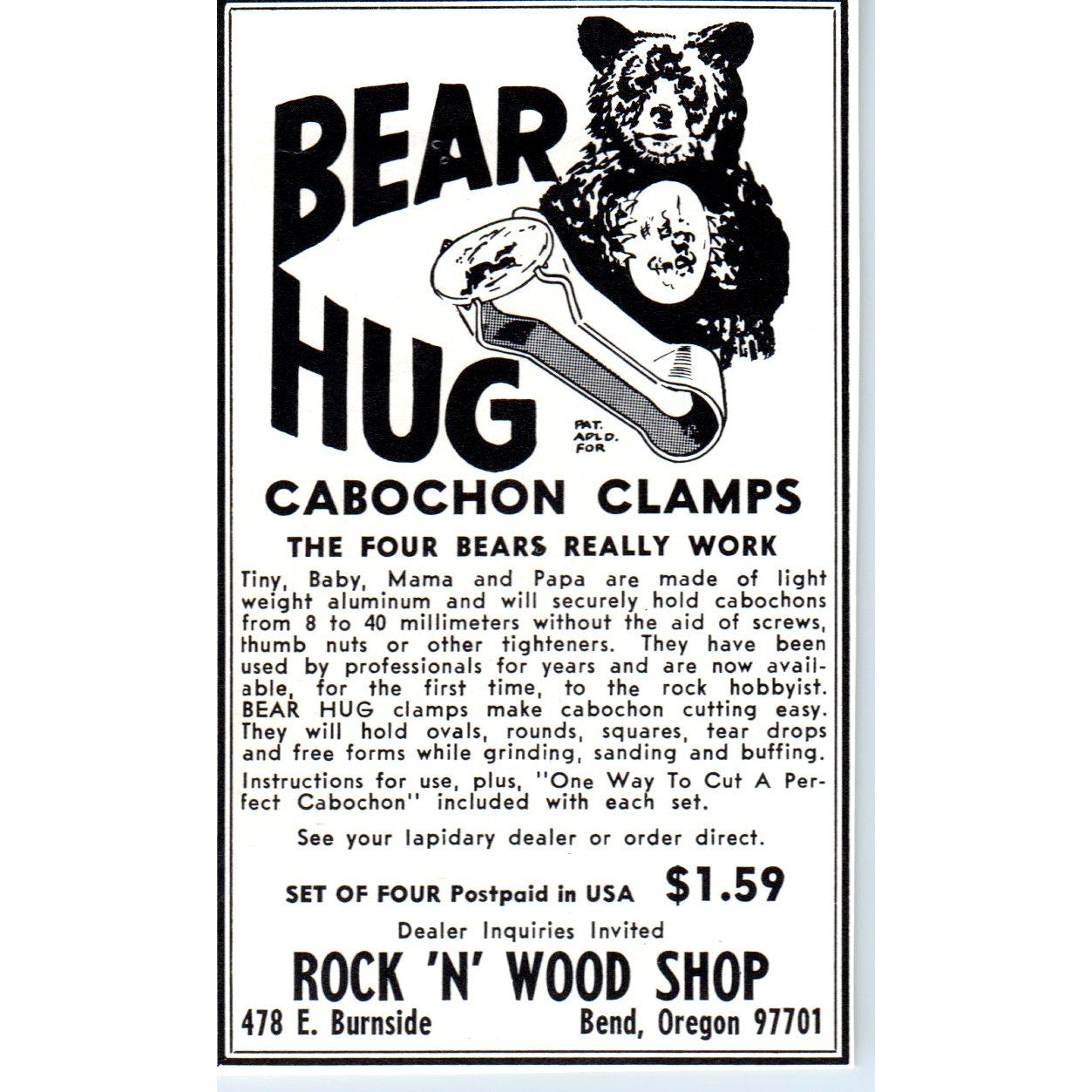 Rock 'N Wood Shop Bear Hug Cabochon Clamps Bend OR 1964 Magazine Ad AB6-M2