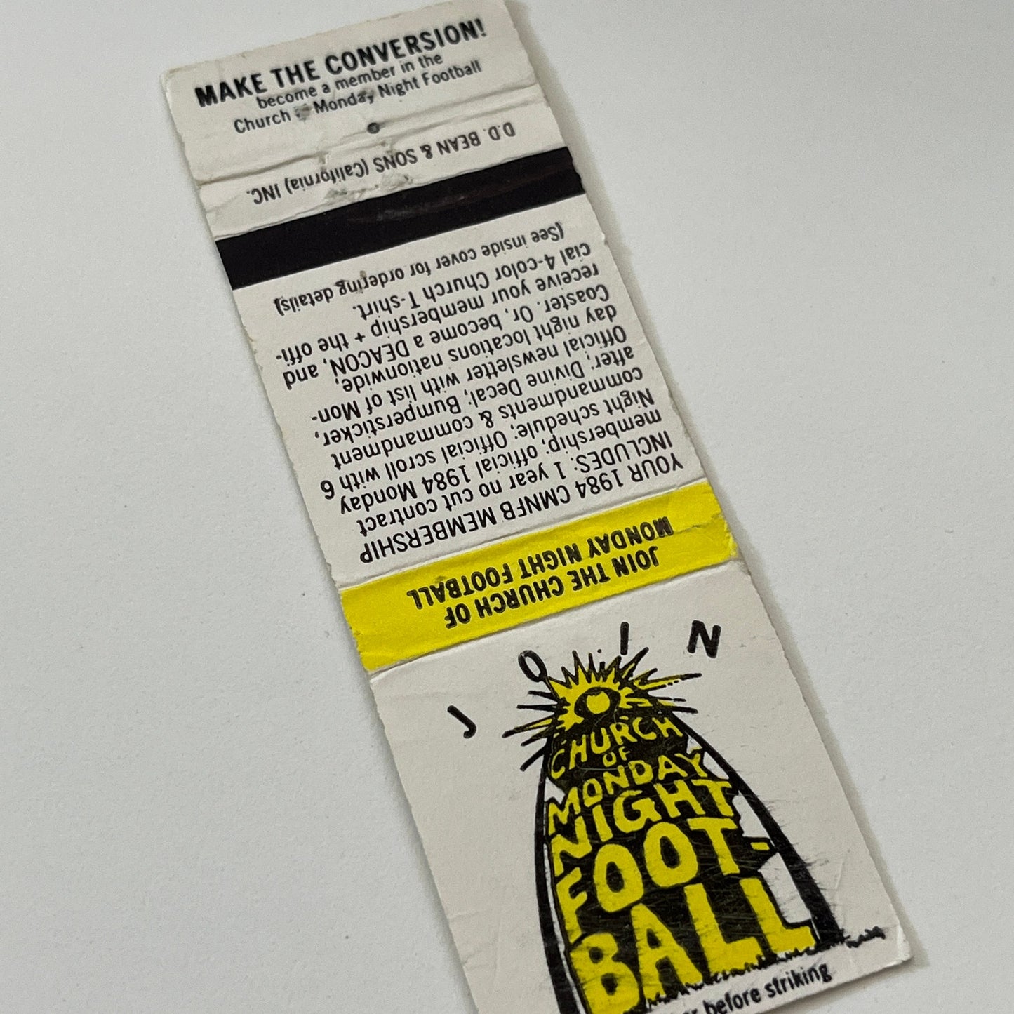 1984 Church of Monday Night Football Vintage Matchbook Cover TB6-MB1-14