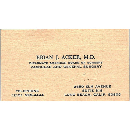 Vascular and General Surgery, Brian J. Acker, CA Vintage Business Card SF3-B7