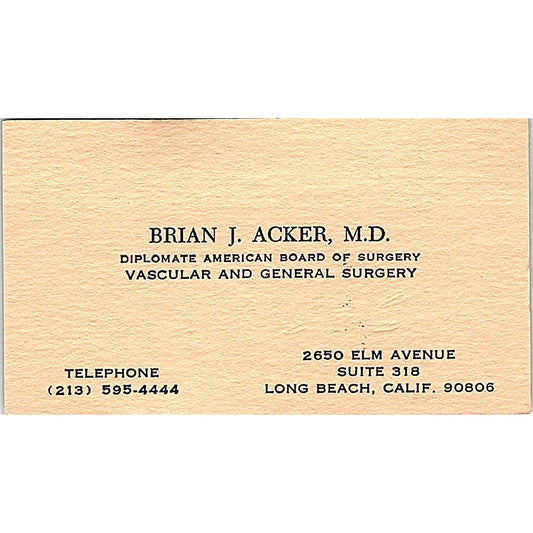Vascular and General Surgery, Brian J. Acker, CA Vintage Business Card SF3-B7