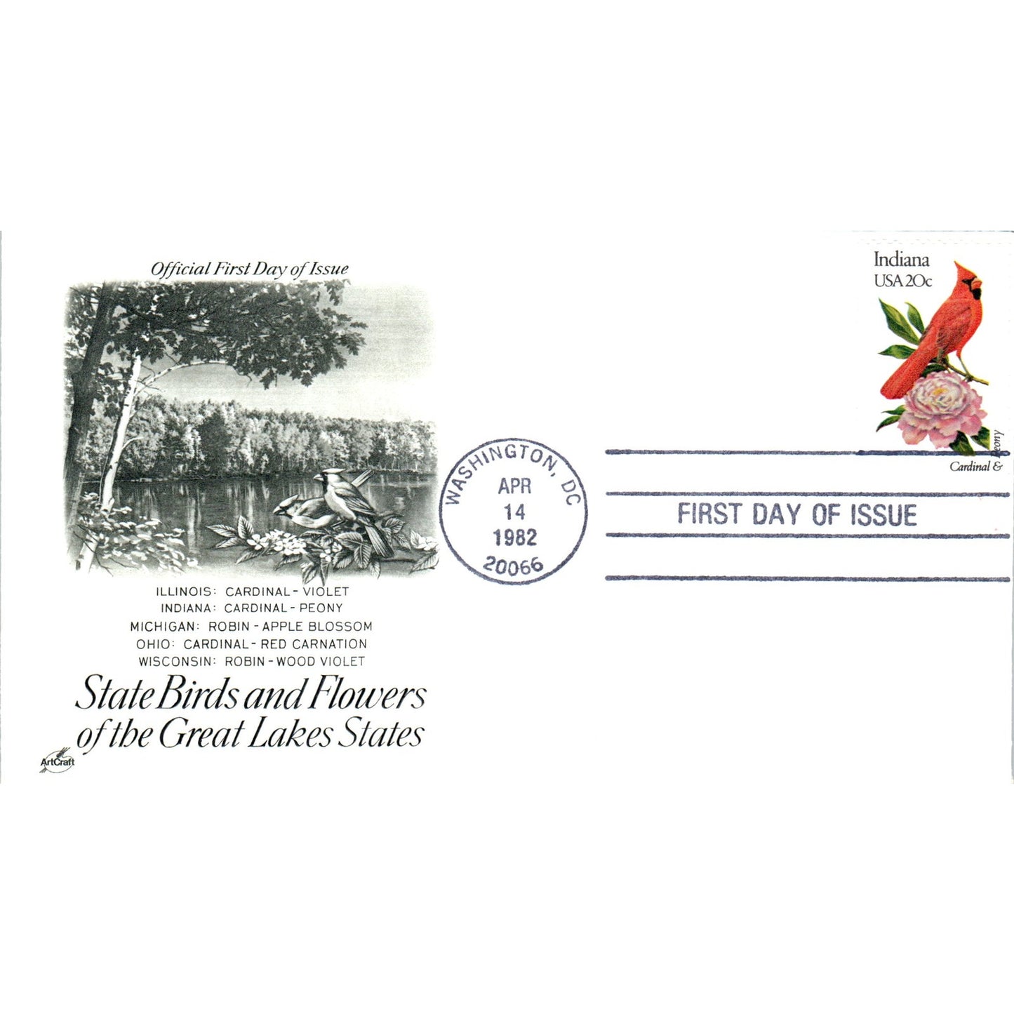 Indiana 1982 State Birds & Flowers of Great Lakes States First Day Issue TJ5-PC3