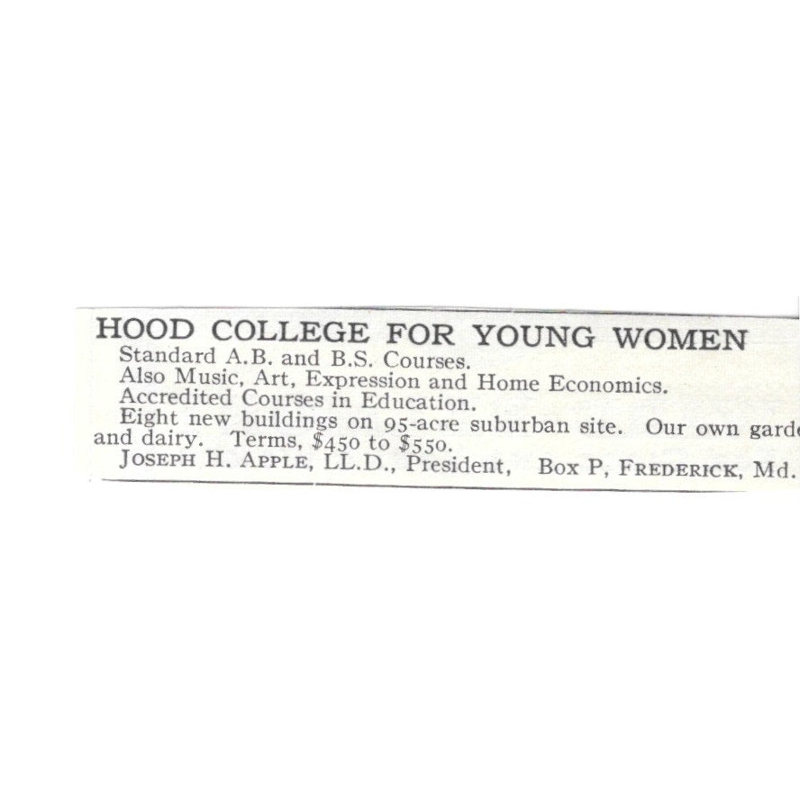 Hood College for Young Women Frederick MD Joseph H. Apple, LL.D. c1920 Ad AG4-S9