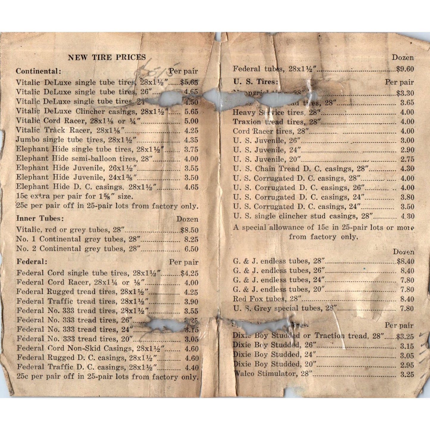 1925 Walthour & Hood Co. Atlanta GA Wholesale Tire Prices List AE6