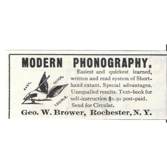 Modern Phonography Geo. W. Brower Rochester NY 1892 Ad AG2-S21