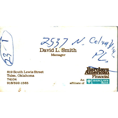 David L Smith Barclays Bank Tulsa OK Vintage Business Card SE3-B9
