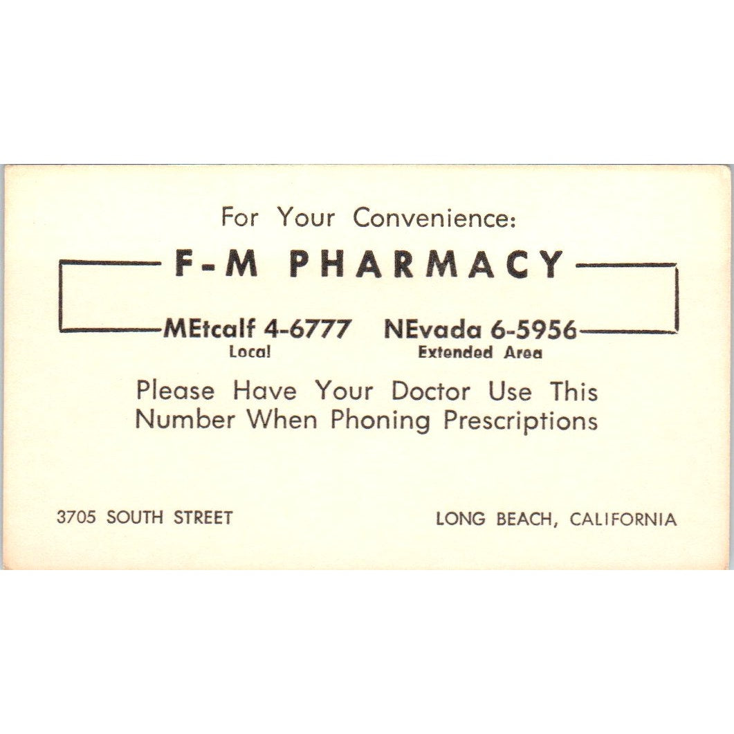F-M Pharmacy 3705 South Street Long Beach CA Vintage Business Card SD8-B15