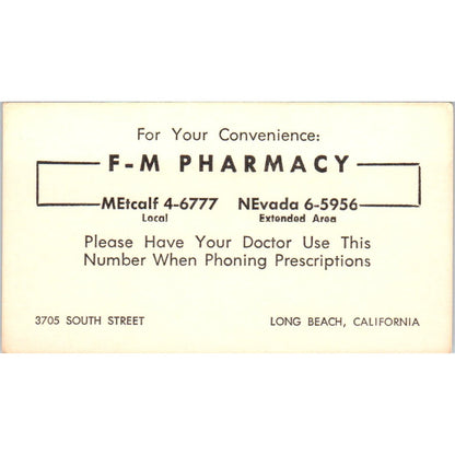 F-M Pharmacy 3705 South Street Long Beach CA Vintage Business Card SD8-B15