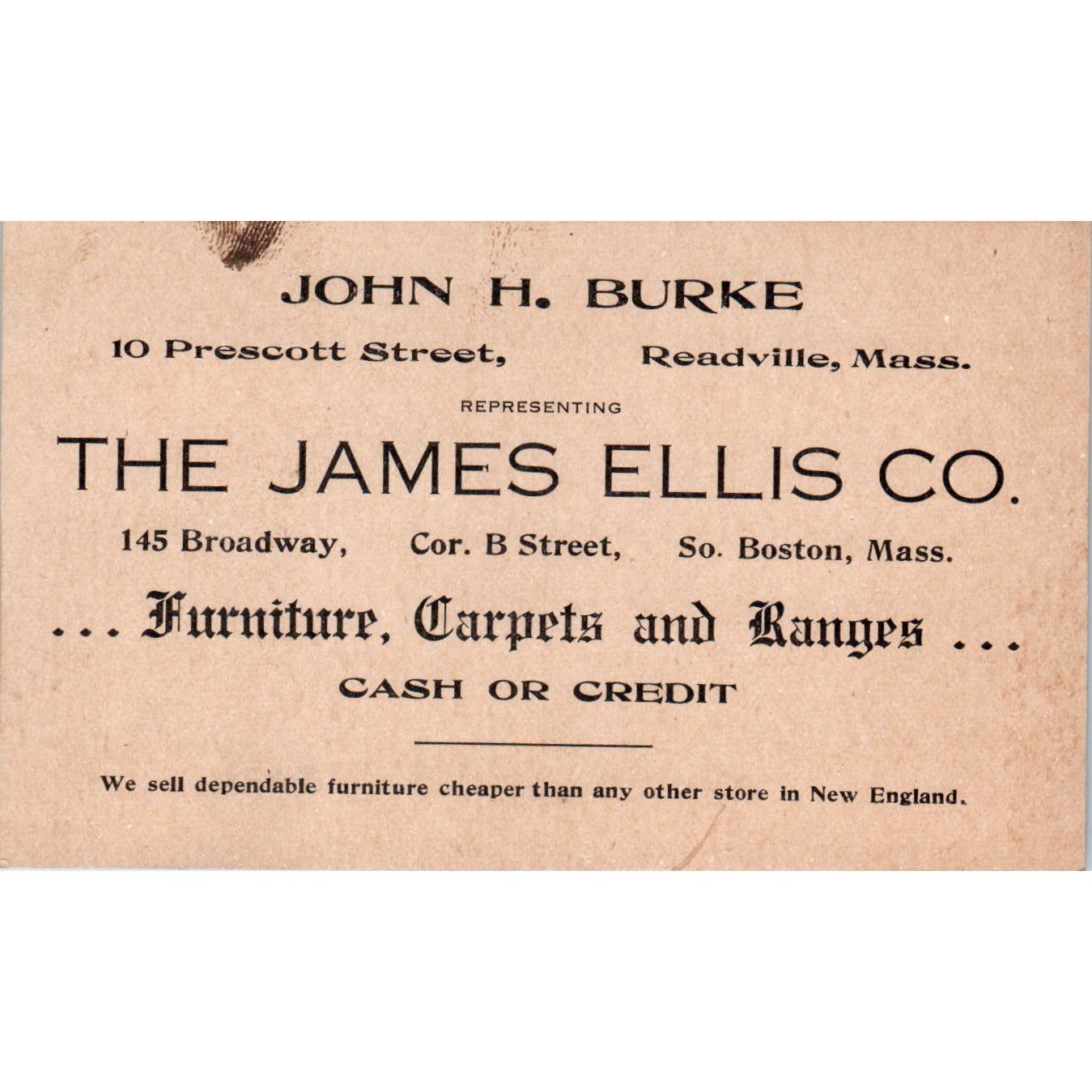 The James Ellis Co Furniture Readville MA John H. Burke Business Card AE9-X1