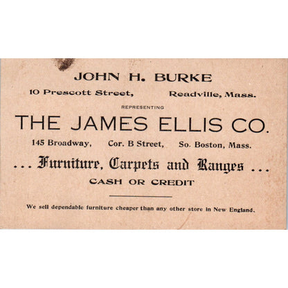The James Ellis Co Furniture Readville MA John H. Burke Business Card AE9-X1