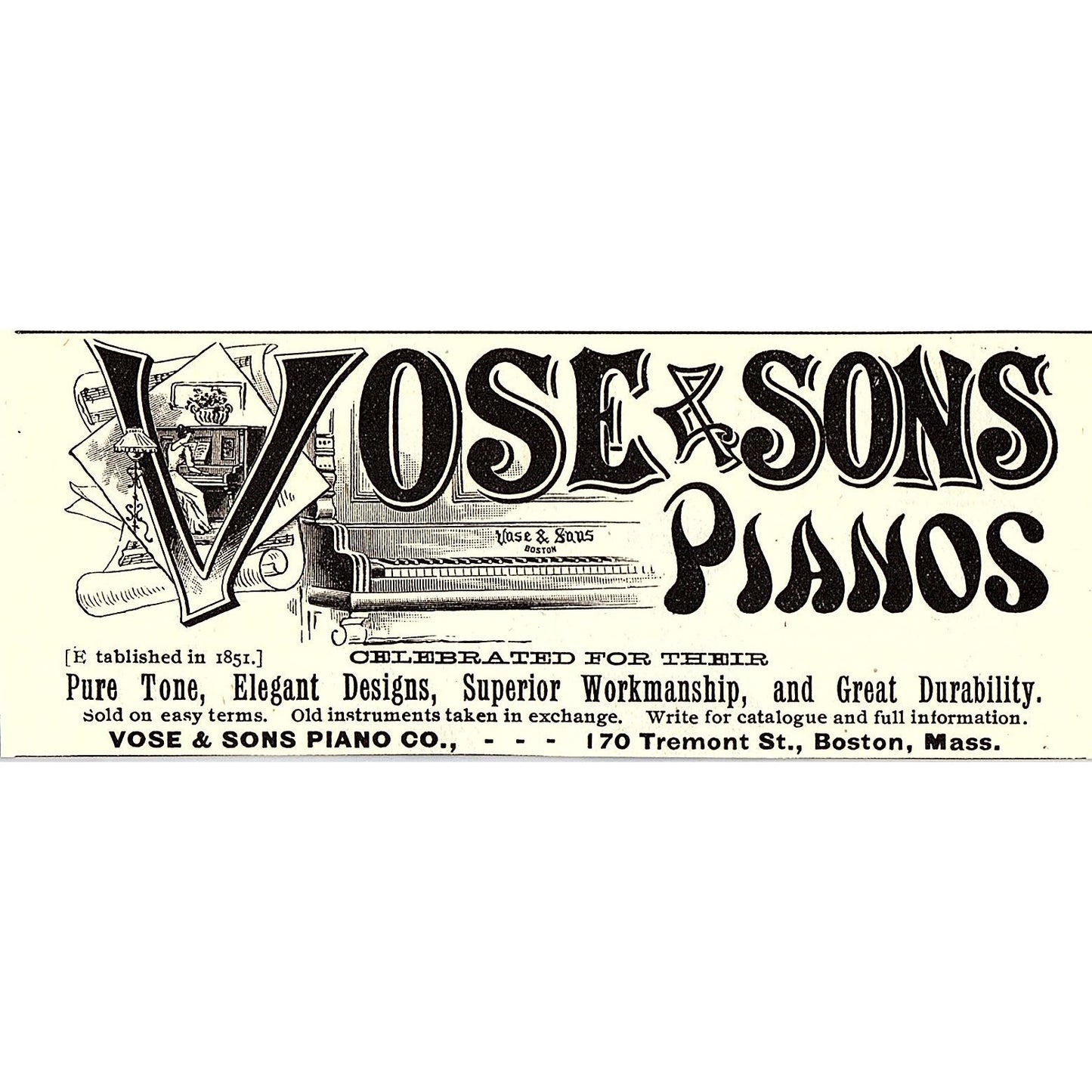 Vose & Sons Piano Co 170 Tremont Street Boston MA 1892 Ad AG2-H5