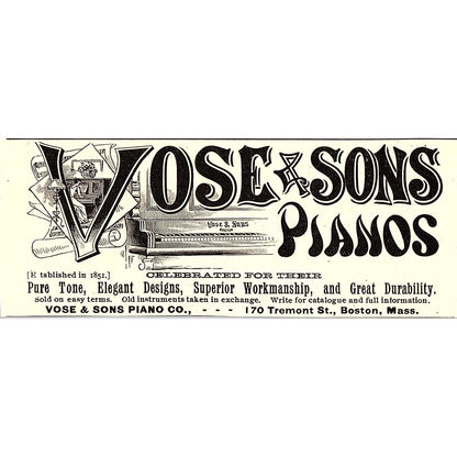 Vose & Sons Piano Co 170 Tremont Street Boston MA 1892 Ad AG2-H5