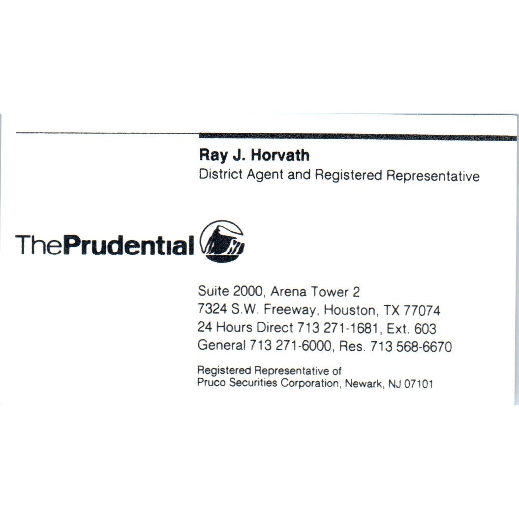 Ray J. Horvath The Prudential Houston TX Vintage Business Card SD8-B21