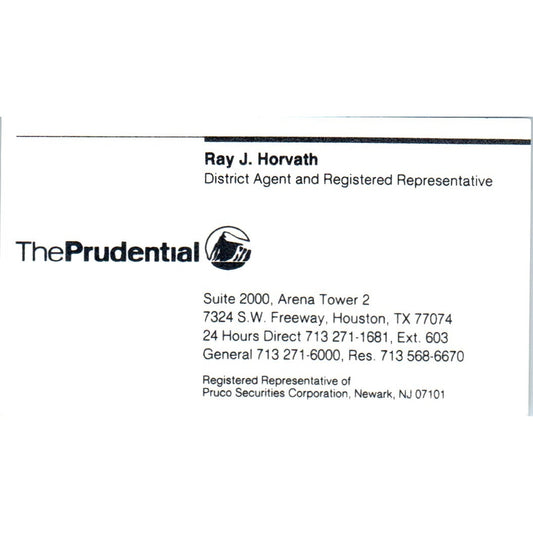 Ray J. Horvath The Prudential Houston TX Vintage Business Card SD8-B21