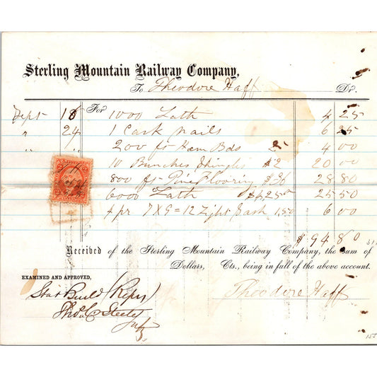 Sterling Mountain Railway Co Theodore Haff 1868 Billhead Receipt C15