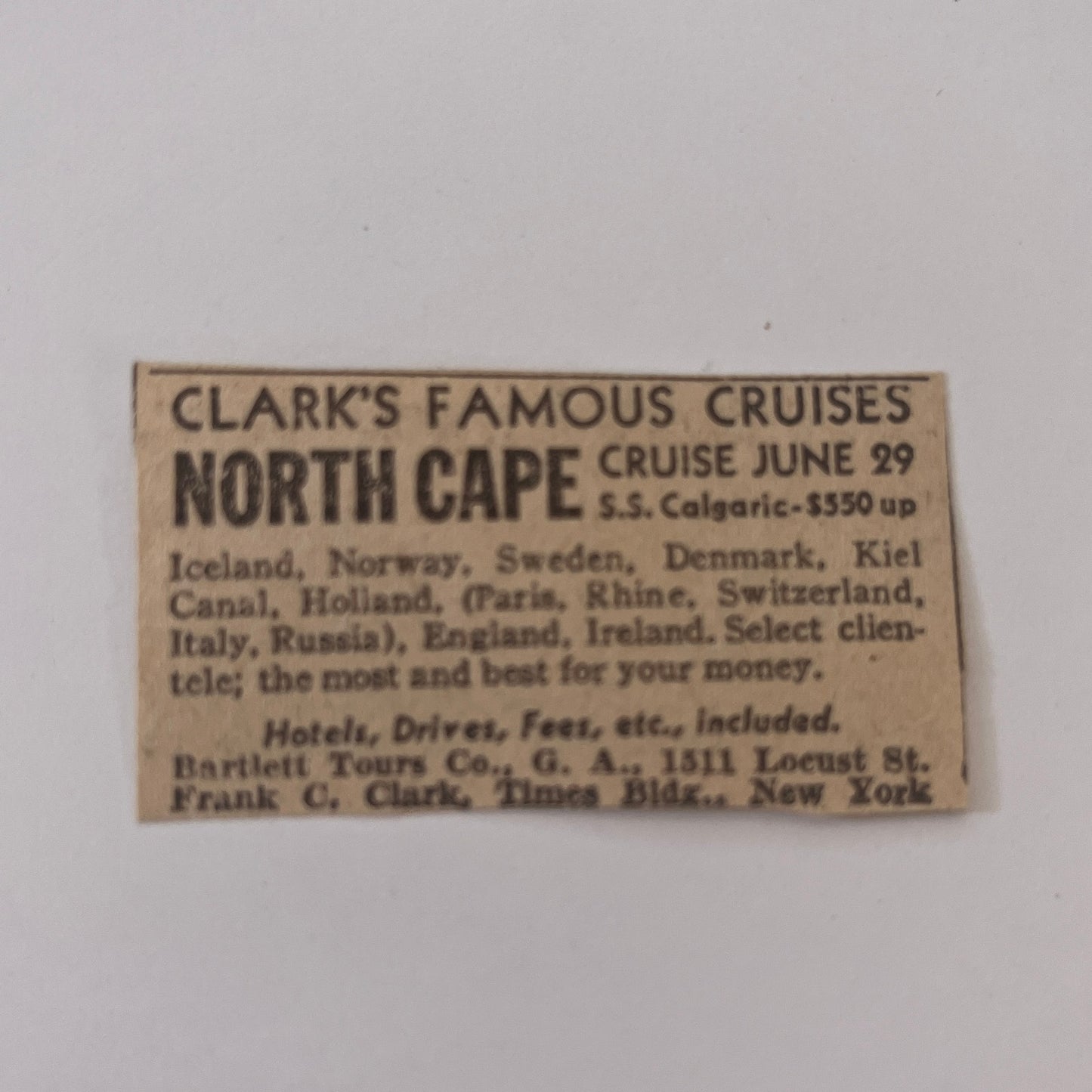 Clark's Famous Cruises Frank C. Clark New York NY 1931 Newspaper Ad SAG4-S13