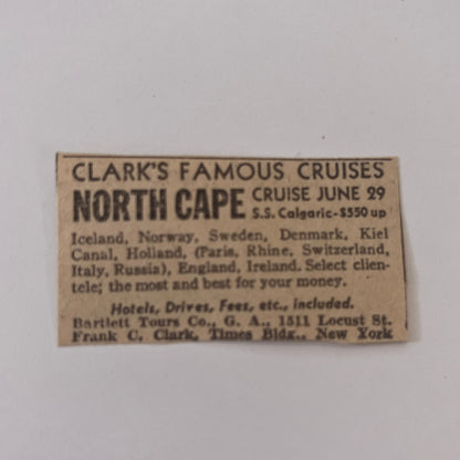 Clark's Famous Cruises Frank C. Clark New York NY 1931 Newspaper Ad SAG4-S13