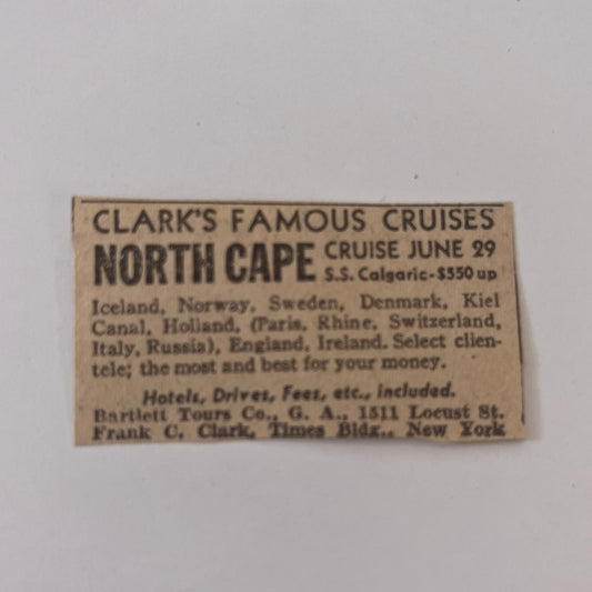 Clark's Famous Cruises Frank C. Clark New York NY 1931 Newspaper Ad SAG4-S13