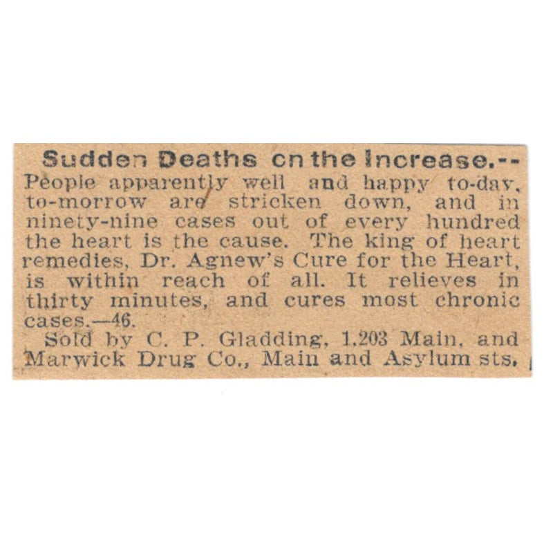 Dr. Agnew's Cure for the Heart C.P. Gladding Hartford 1901 Newspaper Ad AD8-HS9