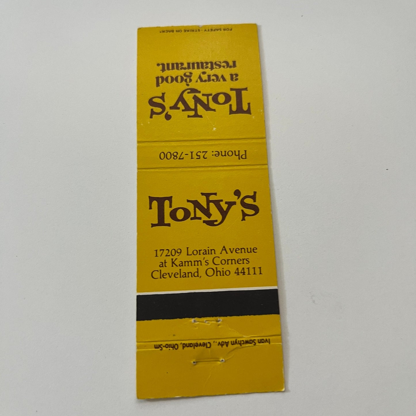 Tony's Restaurant Cleveland Ohio Vintage Matchbook Cover TB6-MB2-1