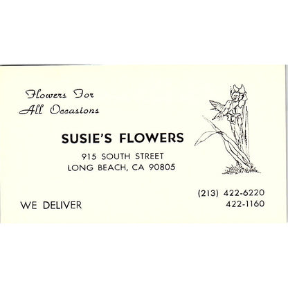 Susie's Flowers for All Occasions, Long Beach, CA, Vintage Business Card SF3-B8