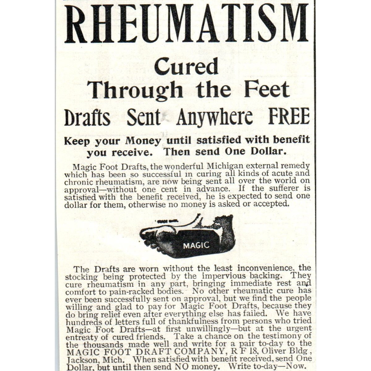 Rheumatism Cured Magic Foot Draft Company Jackson MI 1903 Magazine Ad AF7-E4