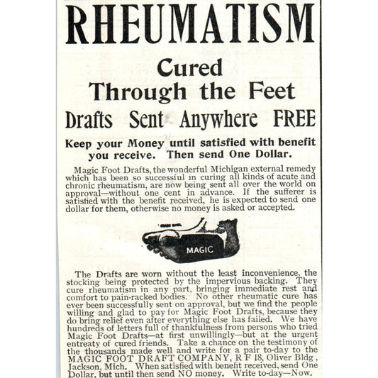 Rheumatism Cured Magic Foot Draft Company Jackson MI 1903 Magazine Ad AF7-E4