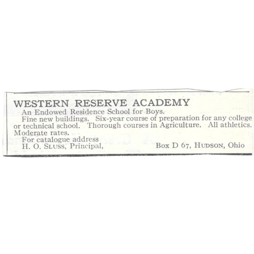 Western Reserve Academy H.O Sluss Hudson OH c1918 Original Advertisement AE5-SA8