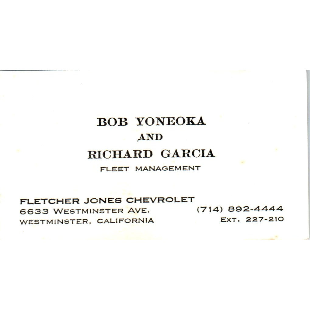 Bob Yoneoka and Richard Garcia Fletcher Jones Chevrolet Business Card SE3-B7