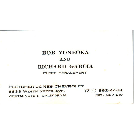 Bob Yoneoka and Richard Garcia Fletcher Jones Chevrolet Business Card SE3-B7