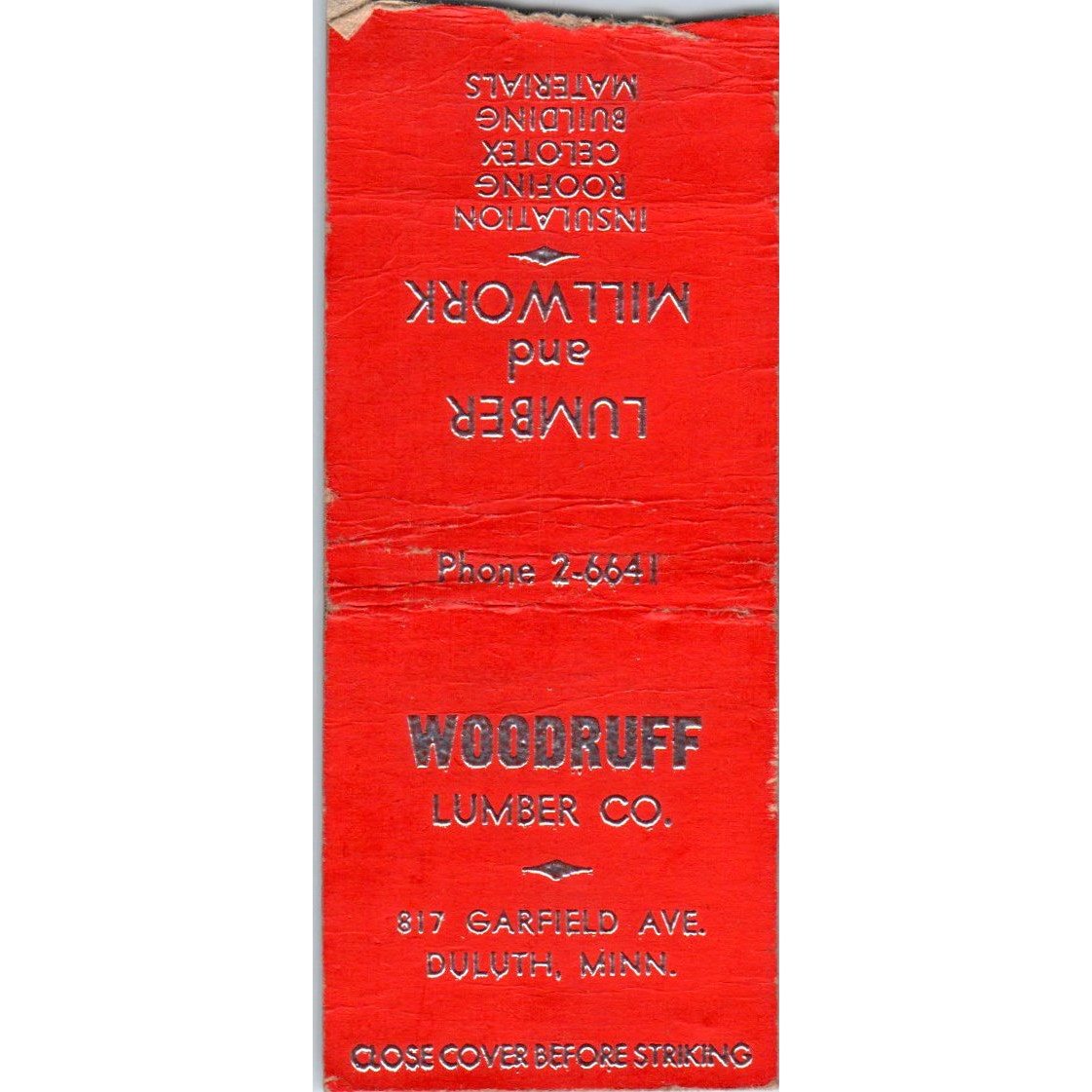 Woodruff Lumber Co Duluth MN Vintage Matchbook Cover SD4-Y14