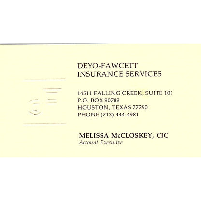 Melissa McCloskey CIC Deyo-Fawcett Ins Houston Vintage Business Card SD9-B6