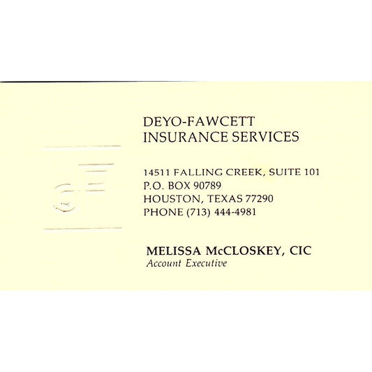 Melissa McCloskey CIC Deyo-Fawcett Ins Houston Vintage Business Card SD9-B6