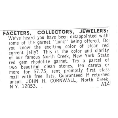 John H Cornwall Lapidary Faceting North Creek NY 1972 Ad AF8-S16