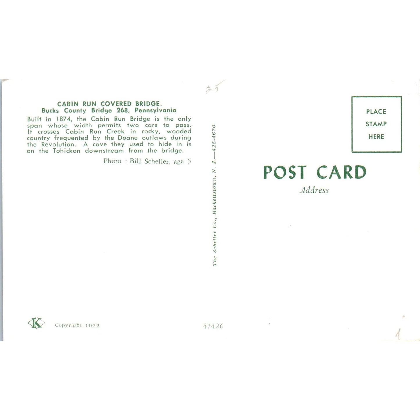 Cabin Run Bridge Bucks County 268 PA Covered Bridge Postcard PC1