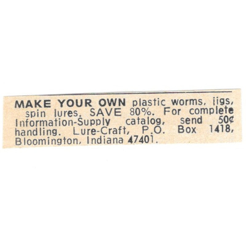 Lure-Craft Make Your Own Plastic Worms Bloomington Indiana 1977 Ad AF6-S8