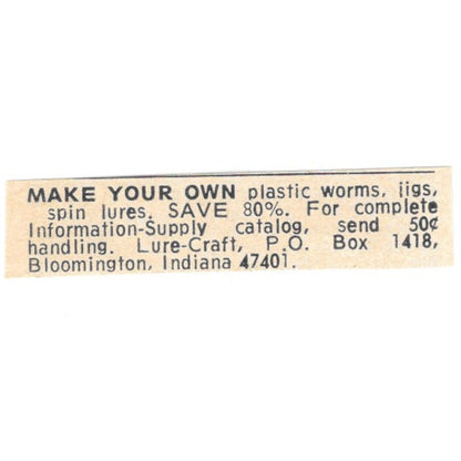 Lure-Craft Make Your Own Plastic Worms Bloomington Indiana 1977 Ad AF6-S8