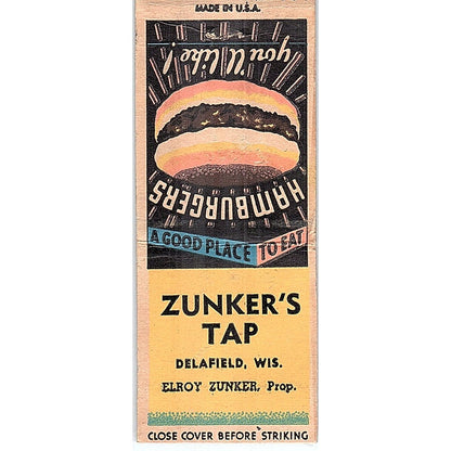 Zunker's Tap Delafield WI Elroy Zunker Vintage Matchbook Cover SC7-Y11