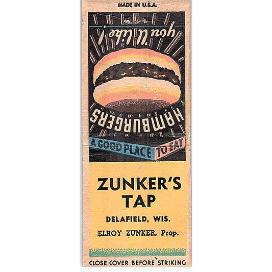 Zunker's Tap Delafield WI Elroy Zunker Vintage Matchbook Cover SC7-Y11