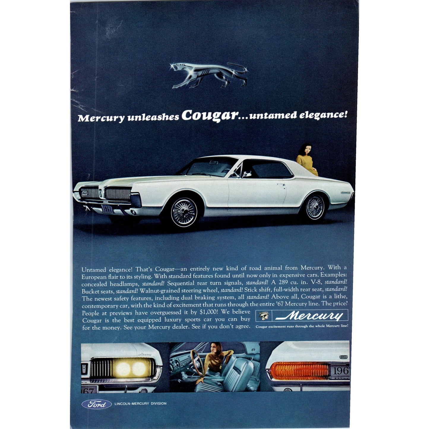 Mercury Cougar Cream Automobile Car - Vintage Magazine Ad D20