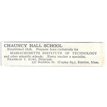Chauncy Hall School Franklin T. Kurt Fairhaven MA c1918 Advertisement AE5-SA6