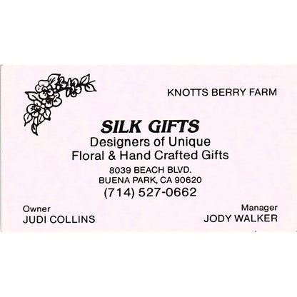 Judi Collins Silk Gifts Knotts Berry Farm Buena Park CA Business Card SD9-B10