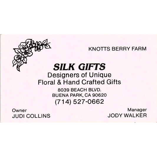 Judi Collins Silk Gifts Knotts Berry Farm Buena Park CA Business Card SD9-B10