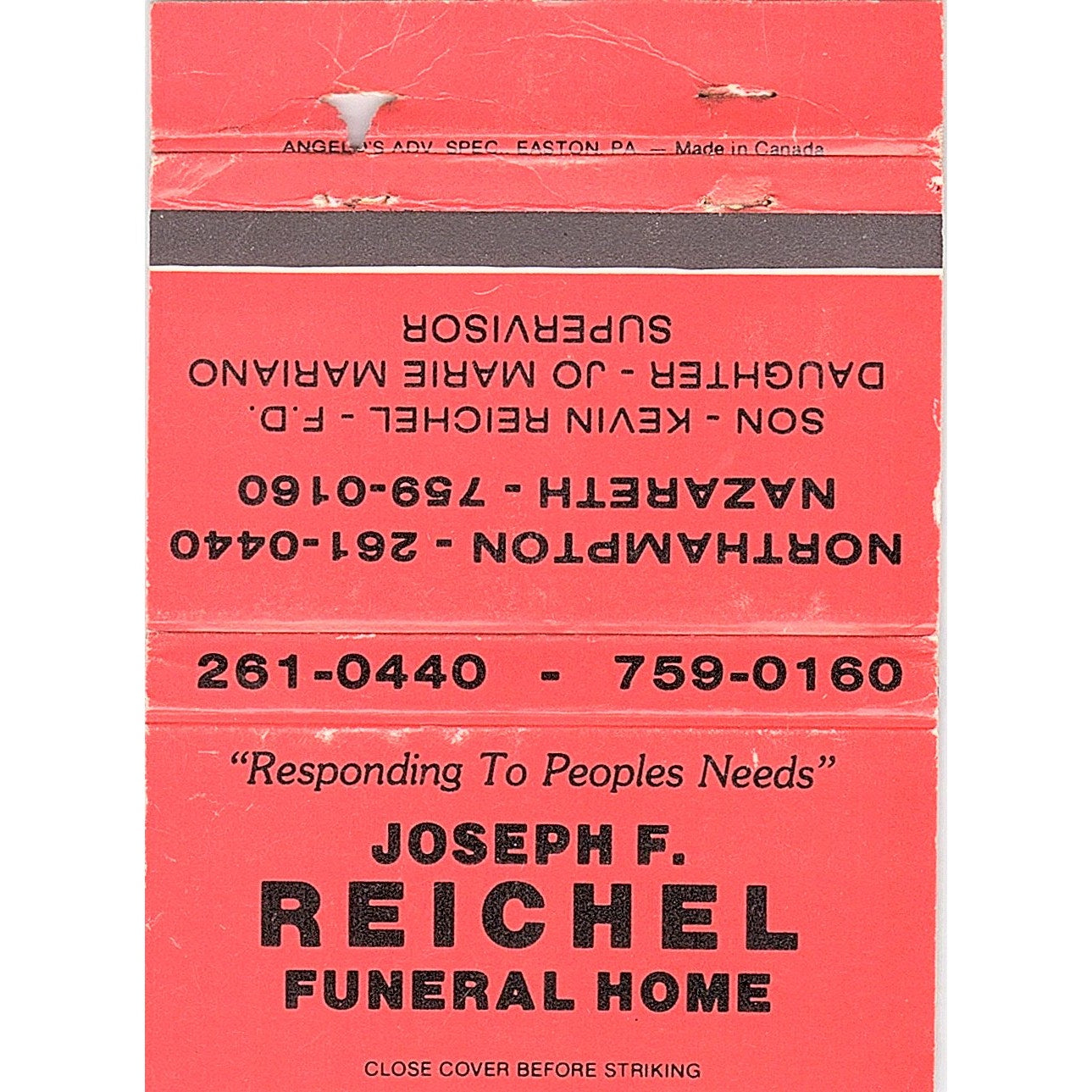 Joseph F Reichel Funeral Home Northampton Nazareth Vintage Matchbook TB6-MB2-13