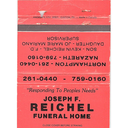 Joseph F Reichel Funeral Home Northampton Nazareth Vintage Matchbook TB6-MB2-13