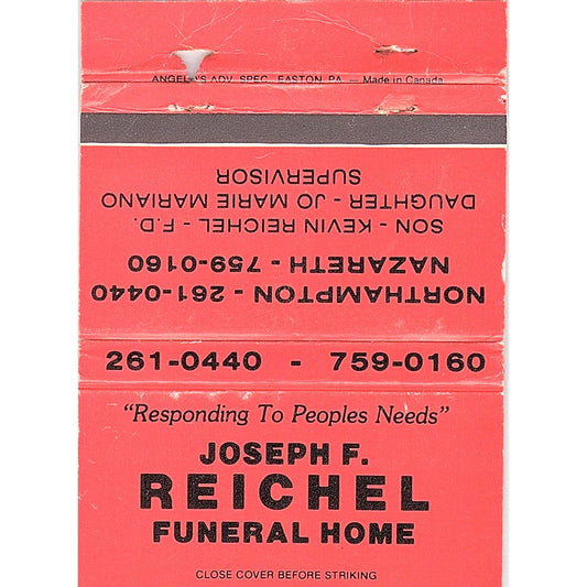 Joseph F Reichel Funeral Home Northampton Nazareth Vintage Matchbook TB6-MB2-13